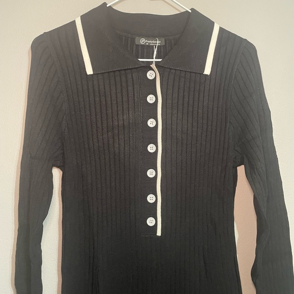 PrettyGarden Black Long-Sleeve Rib Knit Polo Dress with White Trim Medium BNWT - Picture 3 of 6